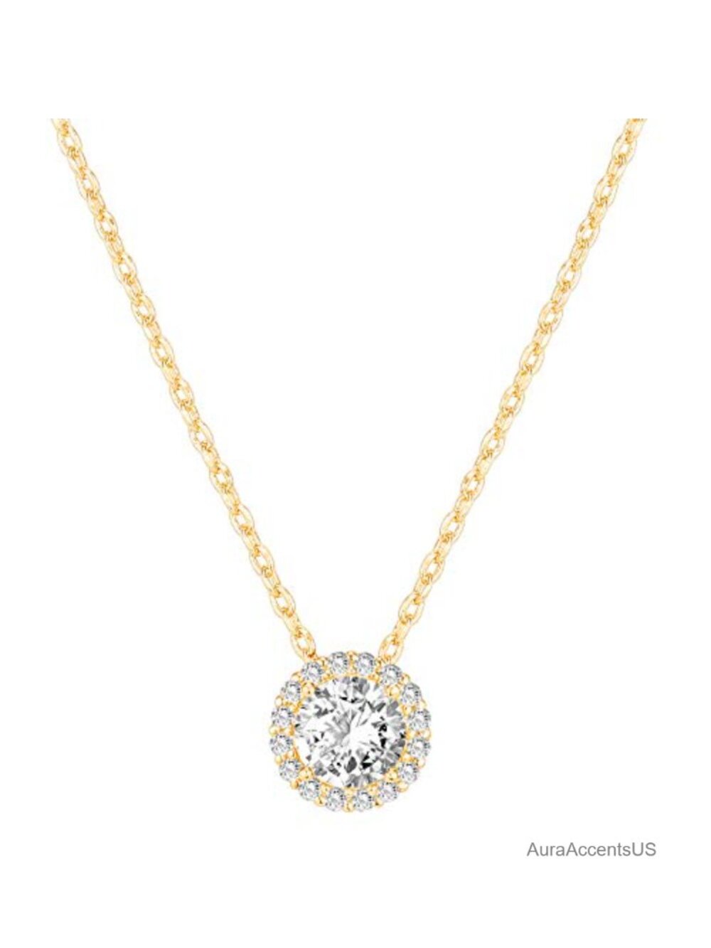 14K Gold Plated Solitaire Halo Pendant Necklace Cubic Zirconia Adjustable